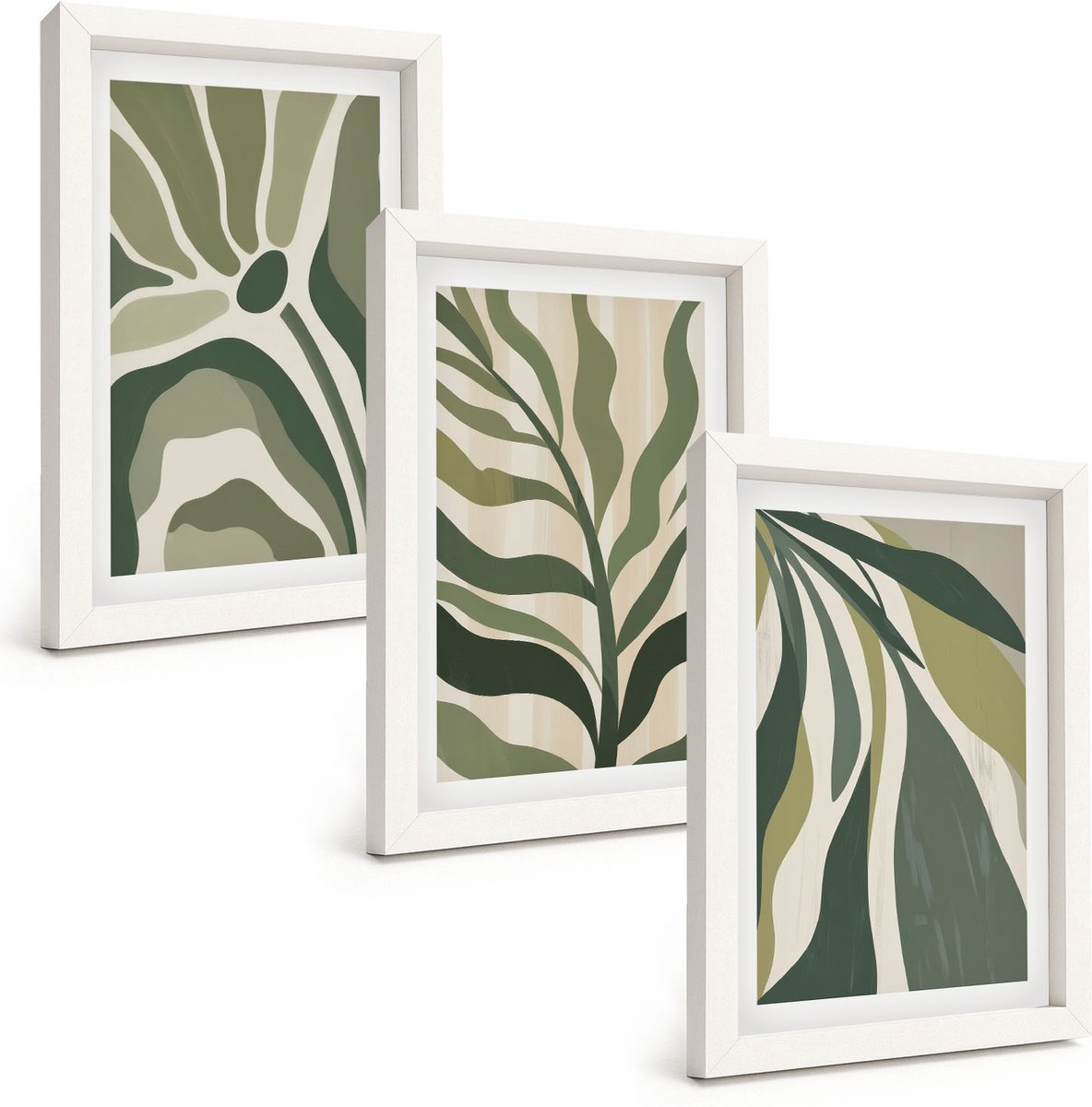 Tulup 3-Delige Schilderij Set - Geschilderde illustraties van bladeren in verschillende tinten groen. - 20x30 - Decoratieve Schilderijen - Wanddecoratie - Hal