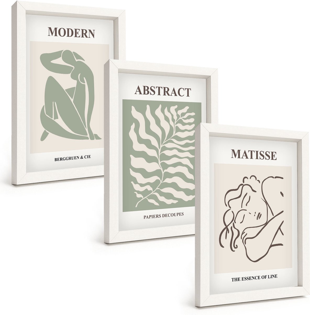 Tulup 3-Delige Schilderij Set - Stijlvolle schilderijen in groene tinten met figuren en bladeren. - 20x30 - Muurdecoratie - Decoratieve Schilderijen - Wohnzimmer - Moderne Wanddecoratie