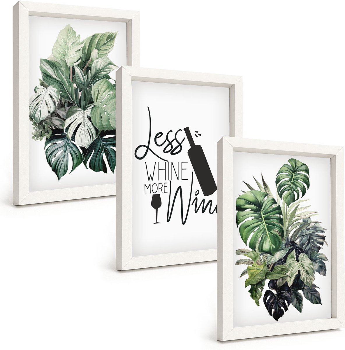 Tulup 3-Delige Schilderij Set - Groene plantenbladeren met het opschrift "wijn". - 20x30 - Decoratieve Schilderijen - Woonkamer - Interieur - Interieur Decoratie
