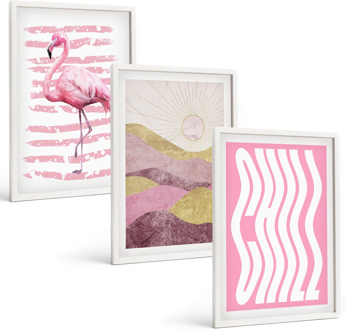 Tulup 3-Delige Schilderij Set - Roze flamingo's, pastelkleurig berglandschap, relaxte belettering - 40x60 - Muurdecoratie - Decoratieve Schilderijen - Wohnzimmer - Wanddecoratie