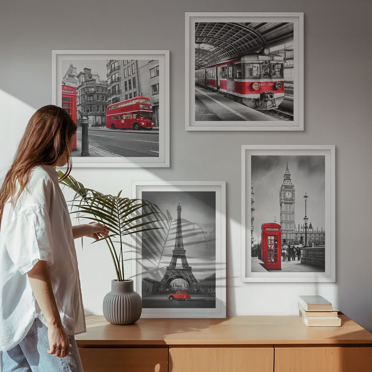 Tulup 4-Delige Schilderij Set - Rode bussen in het stedelijk landschap - 40x40 en 40x60 - Decoratieve Schilderijen - Wanddecoratie - Hal - Interieur Decoratie