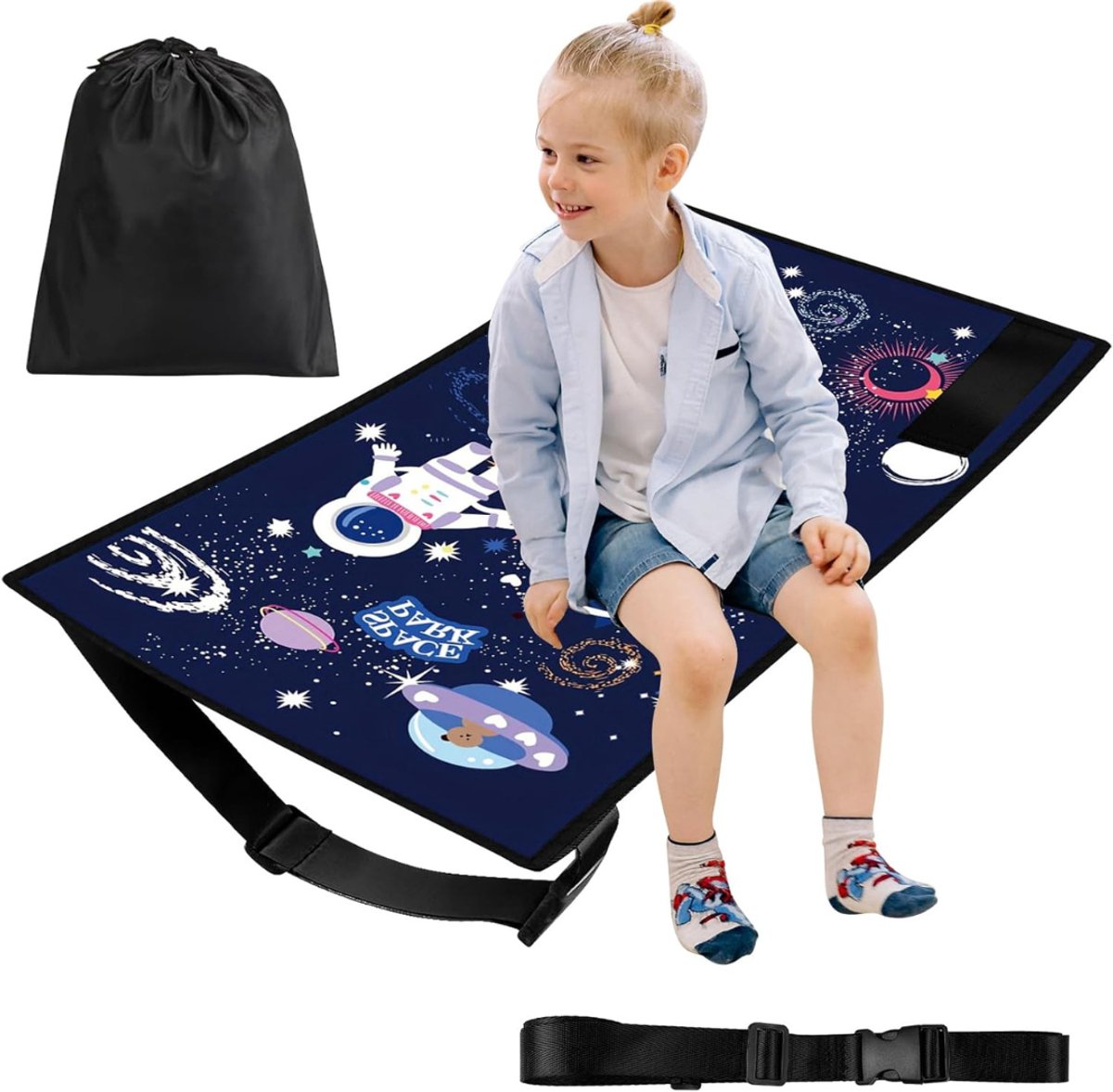QUOVO® Vliegtuigbedje - Reiskussen Waterdicht – Babybedje Inclusief Draagtas - Voetensteun Draagbaar – Vliegtuigbedjes Met Opbergvakken - Blauw - 77cm x 44cm x 2cm