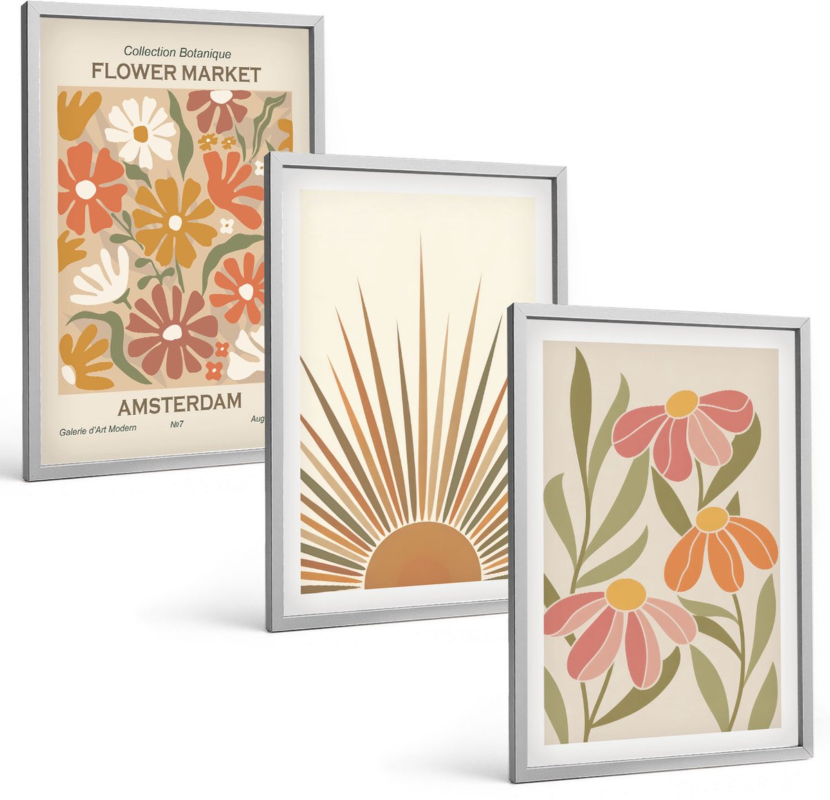 TULUP 4-Delige Schilderij Set - Bloemen in pastelkleuren met zonnestralen - 40 x 60 cm - Muurdecoratie - Decoratieve Schilderijen - Wohnzimmer zilveren lijst