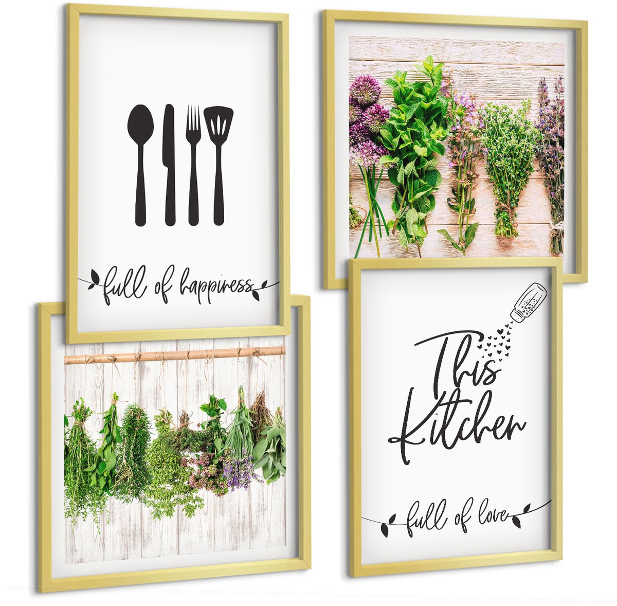 TULUP 4-Delige Schilderij Set - Keukenbordjes Gedroogde kruiden en planten - 40 x 40 cm en 40 x 60 cm - Moderne Wanddecoratie - Slaapkamer - Stijlvolle Muurdecoratie Gouden lijst