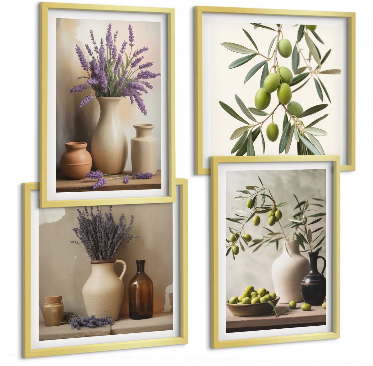 TULUP 4-Delige Schilderij Set - Bloemen in vazen, olijven en natuurlijke decoraties. - 40 x 40 cm en 40 x 60 cm - Muurdecoratie - Schilderijen Set - Woonkamer - Wanddecoratie Gouden lijst