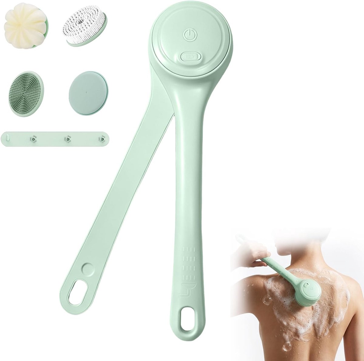 Doucheborstel 4-in-1 met 4 Borstels - Groene Handgreep - IPX7 Waterdicht - Voor Peeling en Massage - ShopVlot