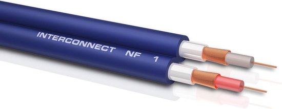 Twee blauwe INTERCONNECT NF 1 kabels met koperen geleiders en witte en rode isolatie.