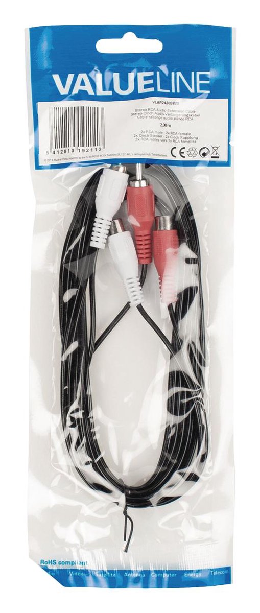Câble Rallonge Audio RCA Stéréo 10 Mètres - 2 Mâles Vers 2 Femelles, Noir, Valueline