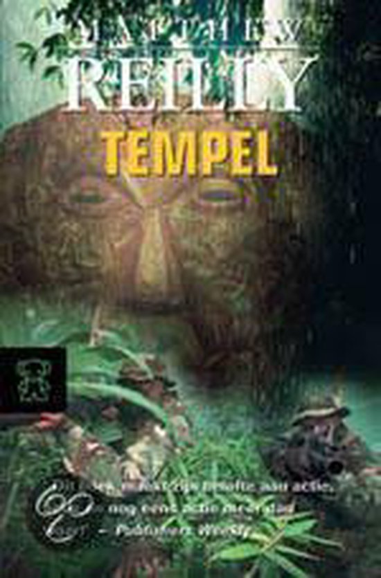 Boekomslag van 'Tempel' van Matthew Reilly met een stenen masker in een jungle.