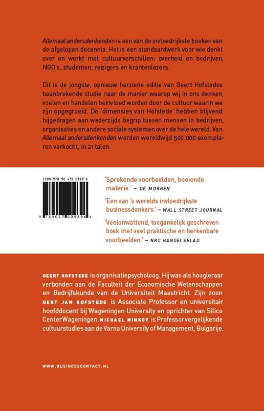 Achterkant boek met ISBN, barcode, recensies en auteursinformatie over Geert Hofstede, Gert Jan Hofstede en Michael Minkov.