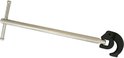 Verstelbare kraanmoersleutel met een gebogen bek, T-greep en een lange, slanke steel.