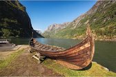 Canvas schilderij Viking roeiboot aan het water