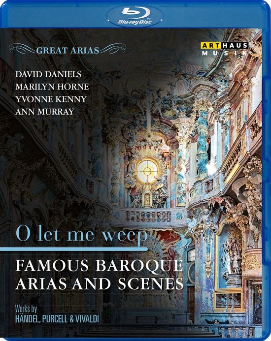 Blu-ray hoes met 'GREAT ARIAS O let me weep FAMOUS BAROQUE ARIAS AND SCENES' en gedetailleerde barokke interieurkunst.