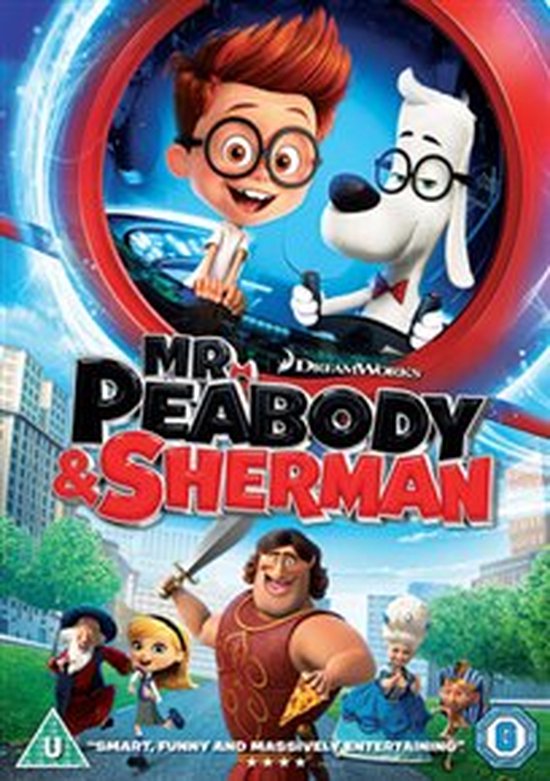 Mr. Peabody & Sherman DVD-hoes met Sherman en Mr. Peabody bovenaan, en historische figuren onderaan.