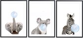 Babykamer/kinderkamer dieren posters - 3 stuks - 30x40 cm - Blauwe Kauwgombel