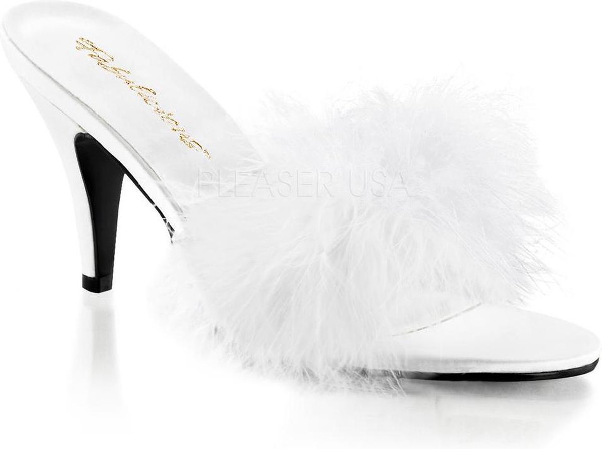 Amour-03 klassieke marabou slipper met hak wit - (EU 44 = US 13) - Fabulicious