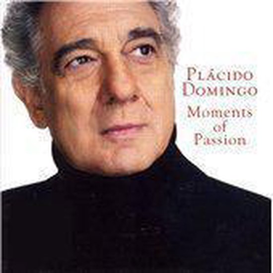 Portret van Plácido Domingo met de titel 'Moments of Passion' in blauwe letters.