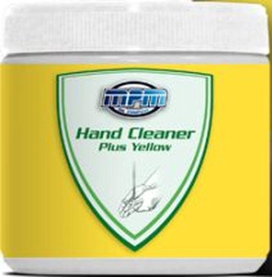 Gele pot met 'Hand Cleaner Plus Yellow' en een logo. De pot heeft een wit deksel.