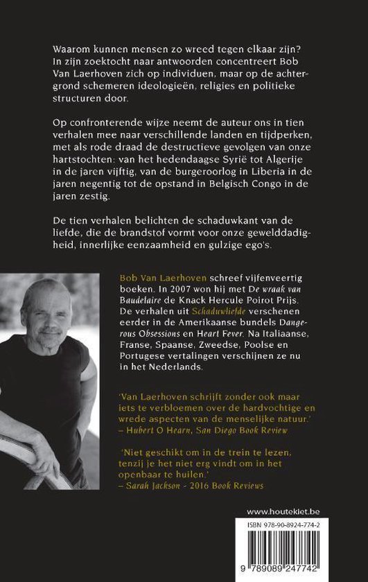 Een man met grijs haar en een baard staat te midden van tekst. Bob Van Laerhoven schreef het boek Schaduwliefde.