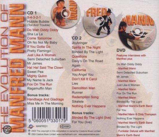 De achterkant van de hoes met de tracklijsten van CD1, CD2 en DVD, en afbeeldingen van de drie CD's.