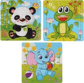 3 Houten Puzzels van 9 stukjes - Dieren: Panda, Kikker en Olifant - Voor kinderen van 1-4 jaar
