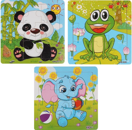 3 Houten Puzzels van 9 stukjes - Dieren: Panda, Kikker en Olifant - Voor  kinderen van... | bol.com