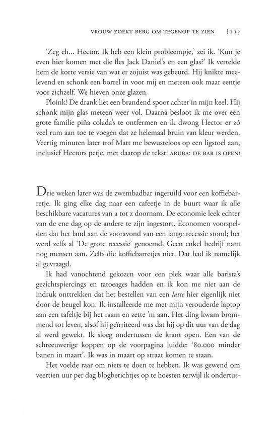 Pagina met tekst, met bovenaan 'Vrouw zoekt berg om tegenop te zien' en de naam Noelle Hancock.