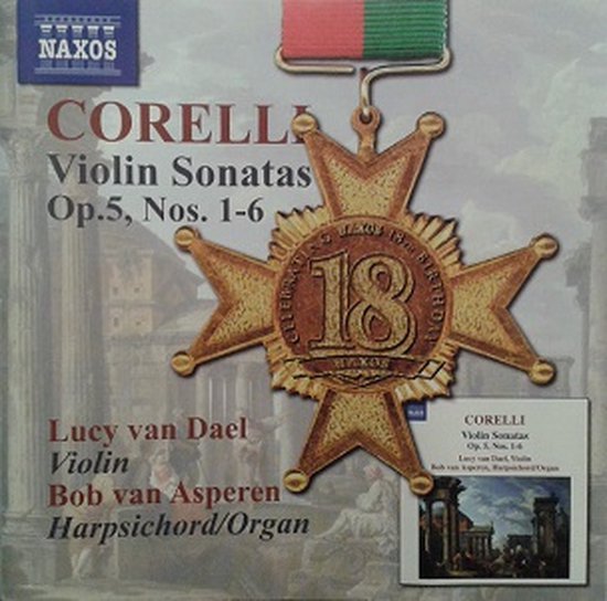 CDhoes met gouden medaille, '18', Naxos logo, en tekst 'Corelli Violin Sonatas Op.5, Nos. 1-6'.