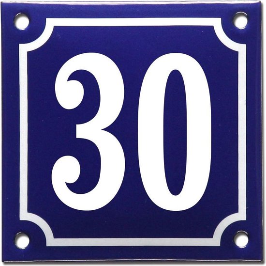 Blauw huisnummerbord met witte cijfers '30' en witte rand.