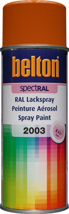 Spuitbus Belton Spectral RAL Lacksspray, RAL 2003, met pastel oranje dop en een kleurverloop van groen naar oranje op de bus.