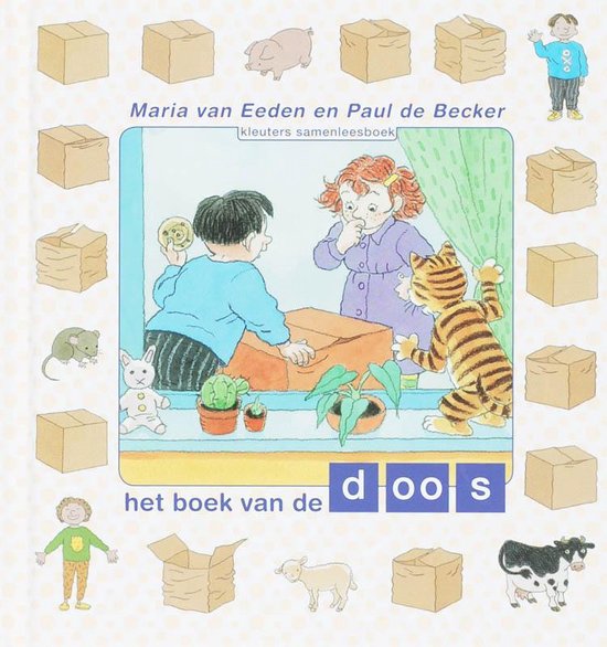 Boekillustratie van kinderen, een tijger en dieren bij een open doos, met 'het boek van de doos' geschreven.