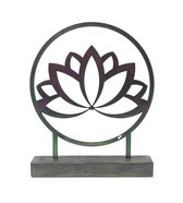 Lotus decoratie - metaal in houten sokkel - trendy mat zwart - 35cm doorsnede - mooie symboliek