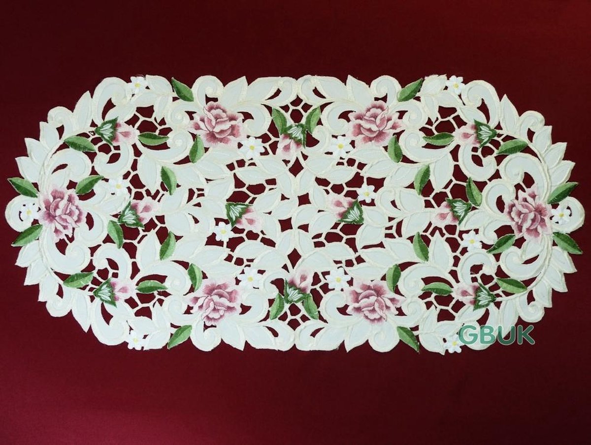 Tafelkleed - Opengewerkt met roze bloem - Loper 90 cm - 7662-RSZ
