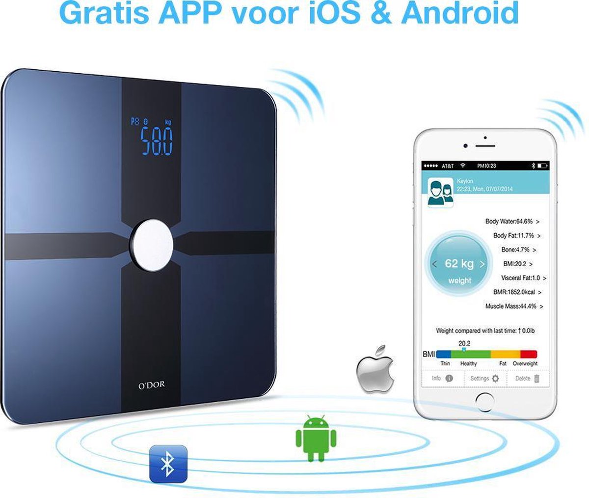 O'dor® Bluetooth Elegante Personenweegschaal met iOS en Android Smart App -  Digitale... | bol.com