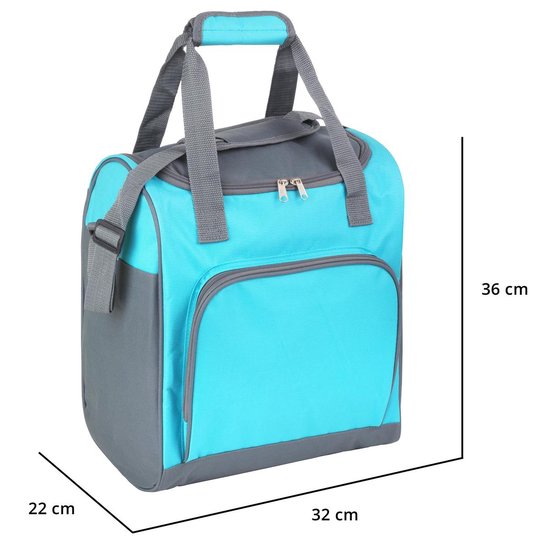 Grote turquoise koeltas van 36 x 32 x 22 cm met grijze vlakken, ritsen en hengsels.