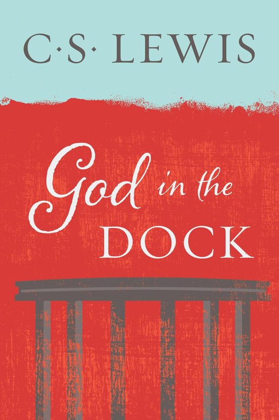 Boek "God in the Dock" door C.S. Lewis, met een rode achtergrond en de titel in sierlijke witte letters.