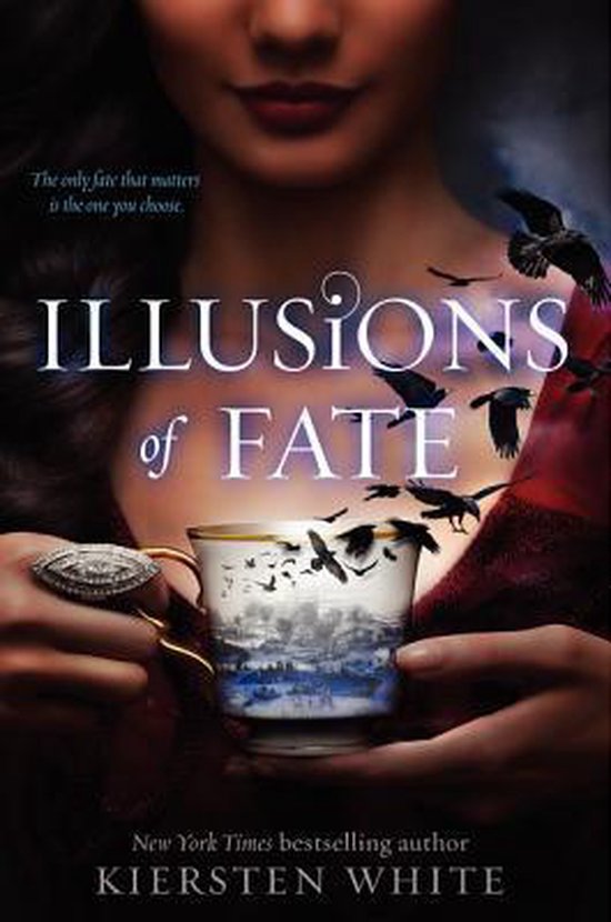 De kaft van Illusions of Fate toont een vrouw die een kopje vasthoudt waarin zwarte vogels vliegen boven een landschap.