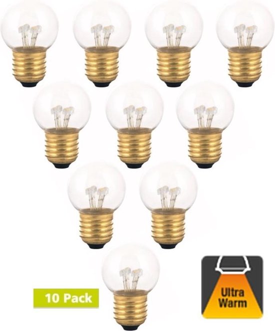 10 Pack - Prikkabel lamp E27 0,7w Bol Lamp, 30 Lumen, Transparante Kap, 2000K Flame