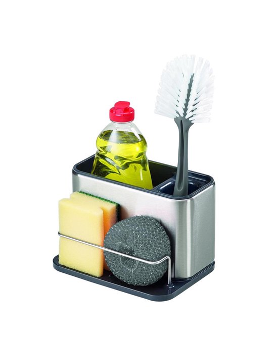 Organisateur d'évier en acier inoxydable avec éponge, paille de fer et savon, avec une brosse.