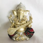 Ganesh of Ganapati Tantra Ganesha- Boeddha-gouden kleur Kunststof,sitar spelen, met mix stof en old look accenten ,13x13x7.5cm