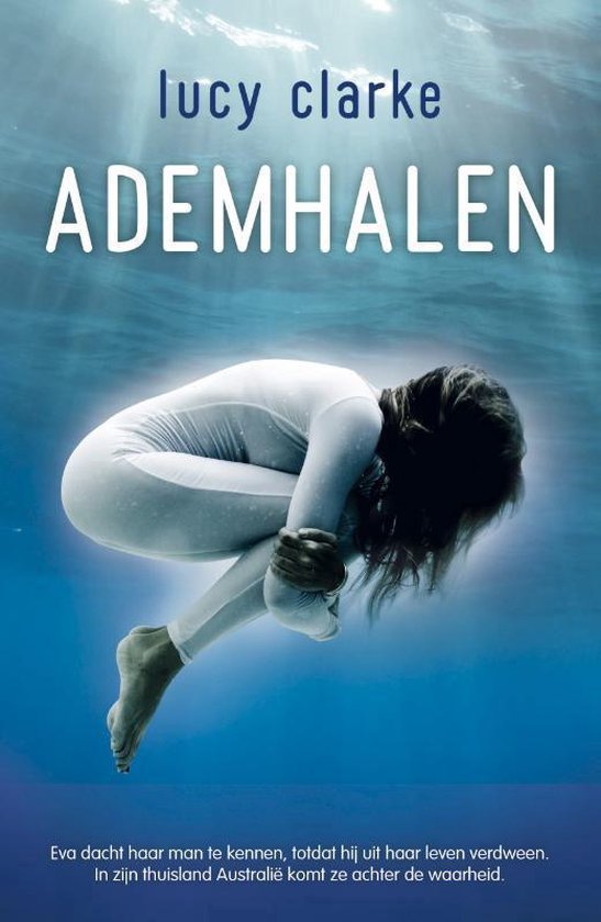 Boek 'Ademhalen' met een vrouw in wit pak onder water, boek is blauw.