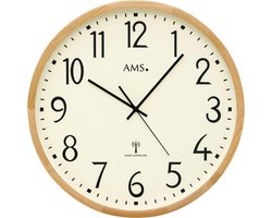 AMS F5534 - Wandklok - Analoog - Radiogestuurde tijdsaanduiding - Hout - Mineraal Glas - Bruin - Wit - 40 cm ø