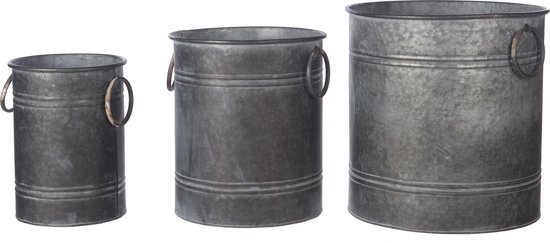 Vintage metalen potten set - 3 stuks - grijs - Ø 38 x 40 cm - Ø 30 x 35 cm  - Ø 22 x 30 cm | bol.com