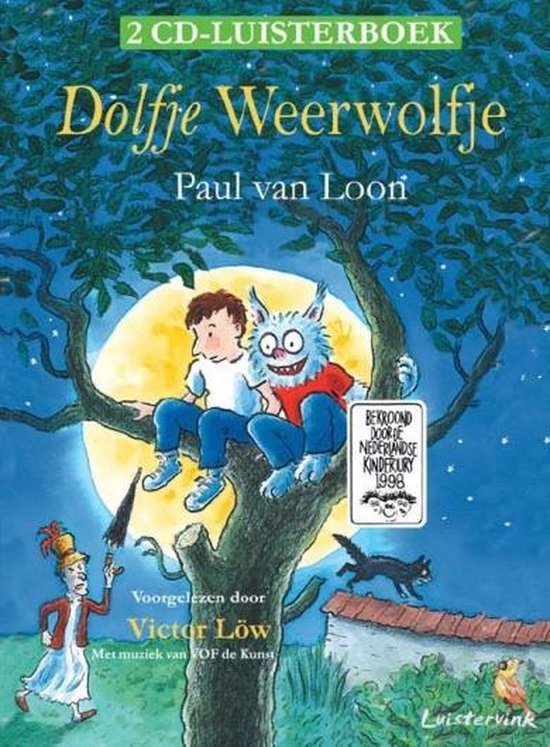 Boekcover 'Dolfje Weerwolfje' met illustratie van een jongen en een blauwe weerwolf die op een boomtak zitten met de maan op de achtergrond.