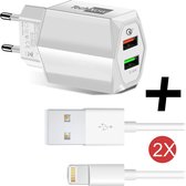 TechNow Oplader Fast Charge Snellader met 2x Lightning Kabel voor Apple iPhone / iPad - Twee Poorten met 18 Watt - Qualcomm Quick Charge 3.0