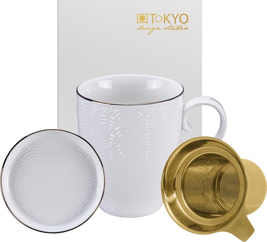 TOKYO design studio Nippon White, Set de 4 Tasses Blanc, avec Bord doré, sans poignée (Tasse), 7 cm, Hauteur 7 cm, 160 ML, Porcelaine d'Asie, Design Japonais, INCL. boîte Cadeau