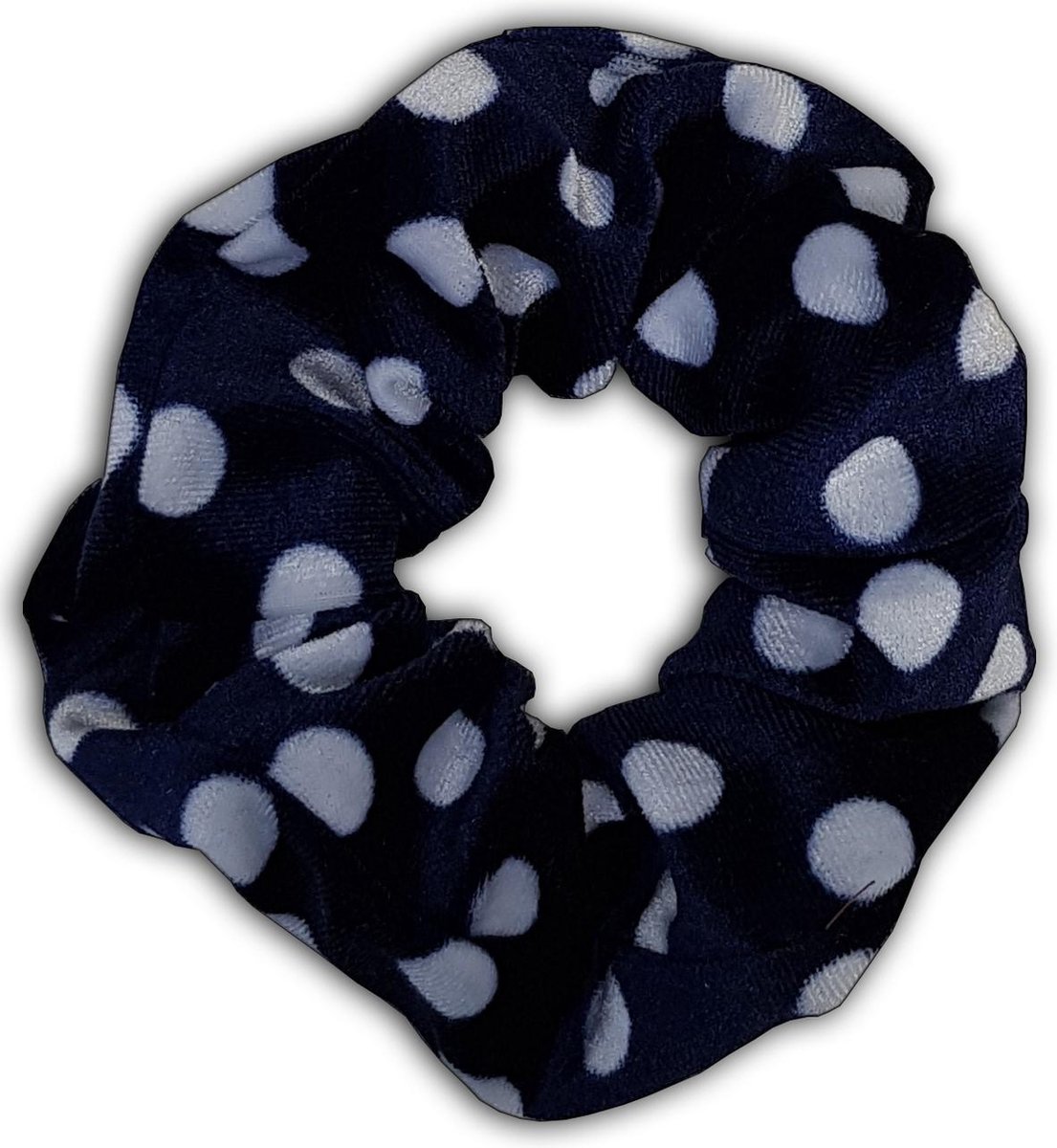 Topkwaliteit Scrunchie / Haarwokkel / Haarelastiek / Velvet haarband met stippen, Fluweel zacht - Blauw met witte stippen