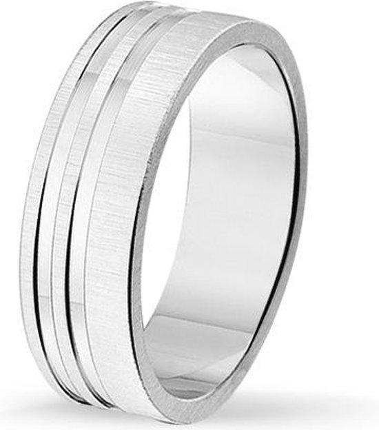 TRESOR Ring mat geborsteld en met 2 blinkende lijnen - Gerhodineerd sterling zilver - 6mm breed