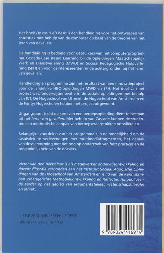 Boek met blauwe kaft: De casus als basis. Met tekst en ISBN-barcode.