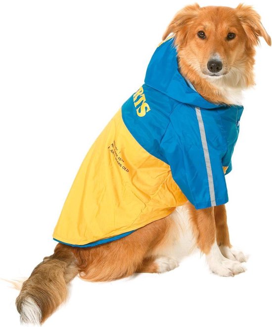 Zittende hond met gele en blauwe regenjas. Jas heeft capuchon, 'SPORTS' opdruk en reflecterende strepen.